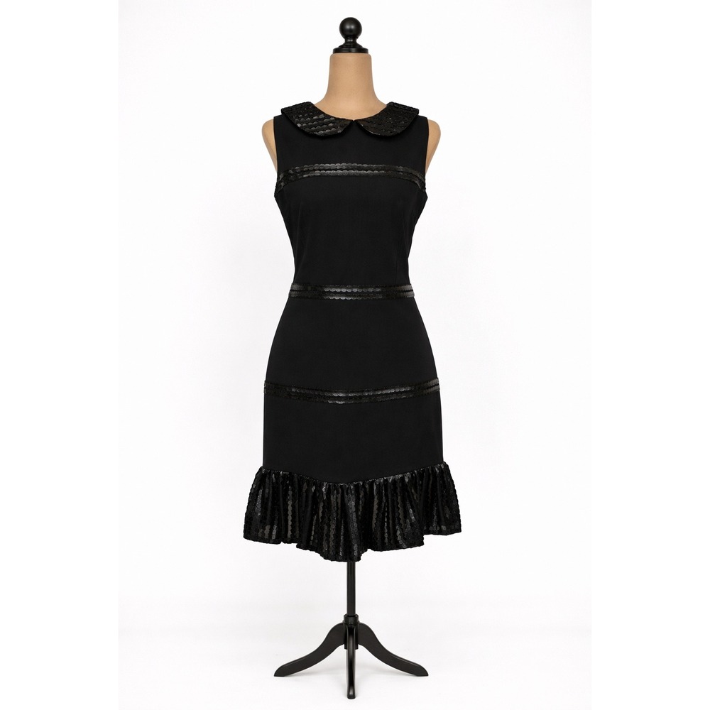 Karl Lagerfel Black Faux Leather Trim Dress Peter Pan Collar Ruffle Hem Edgy